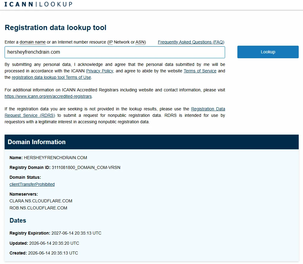 The Cloudflare registration record for HersheyFrenchDrain.com showing the domain was bought on June 14, 2026