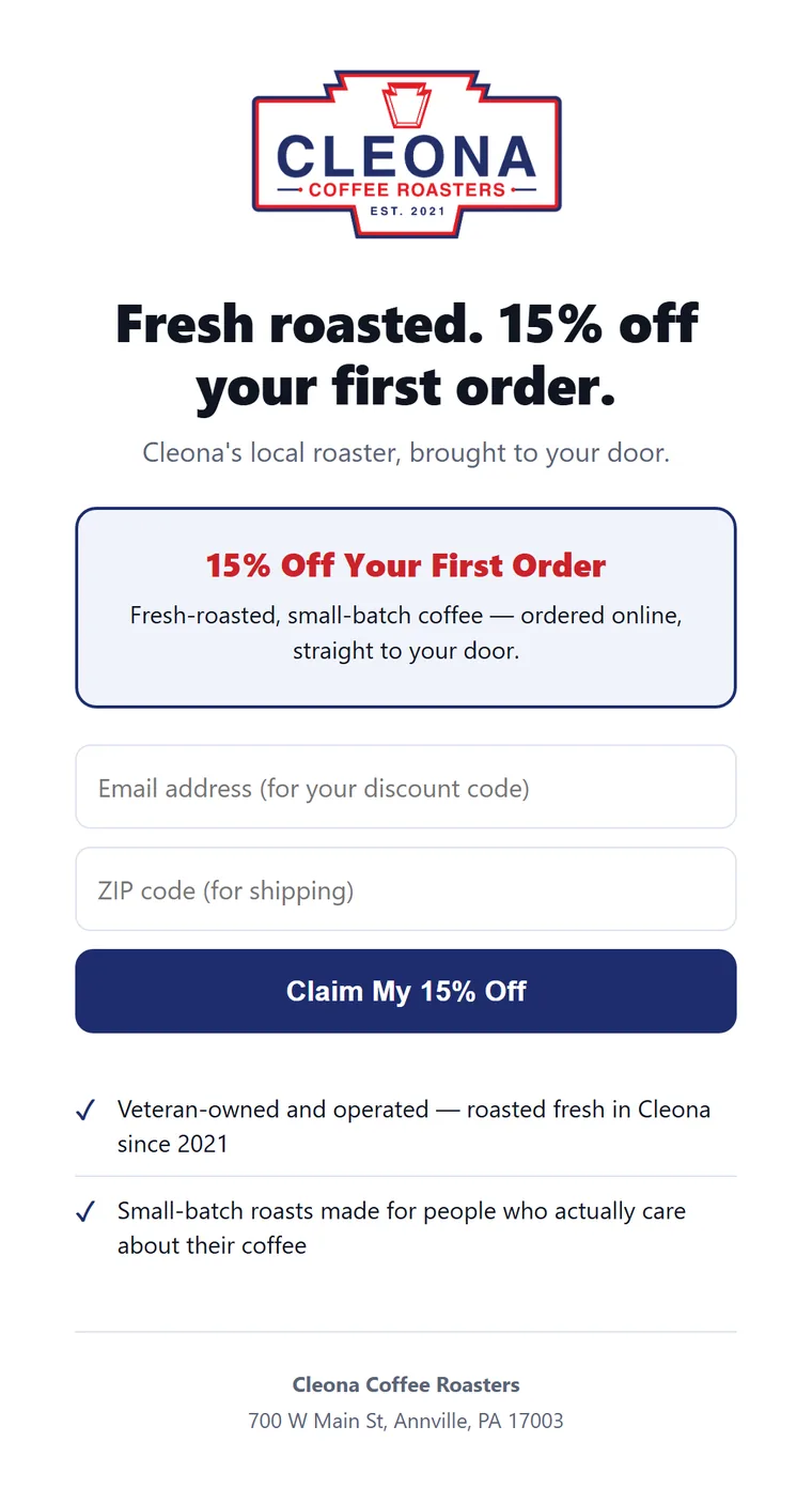 The mobile landing page the QR code opens, collecting an email for the discount
