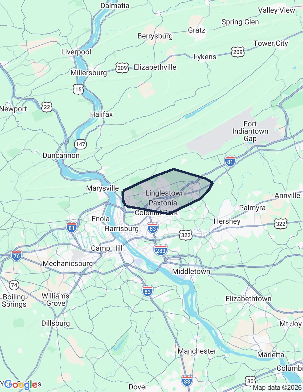 Map of the Linglestown and Lower Paxton delivery routes